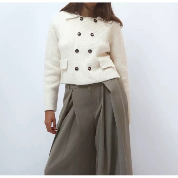 Zara Double-Breasted Button Knit Cardigan with Flat Lapel Cream Size Small NWT - Picture 2 of 12